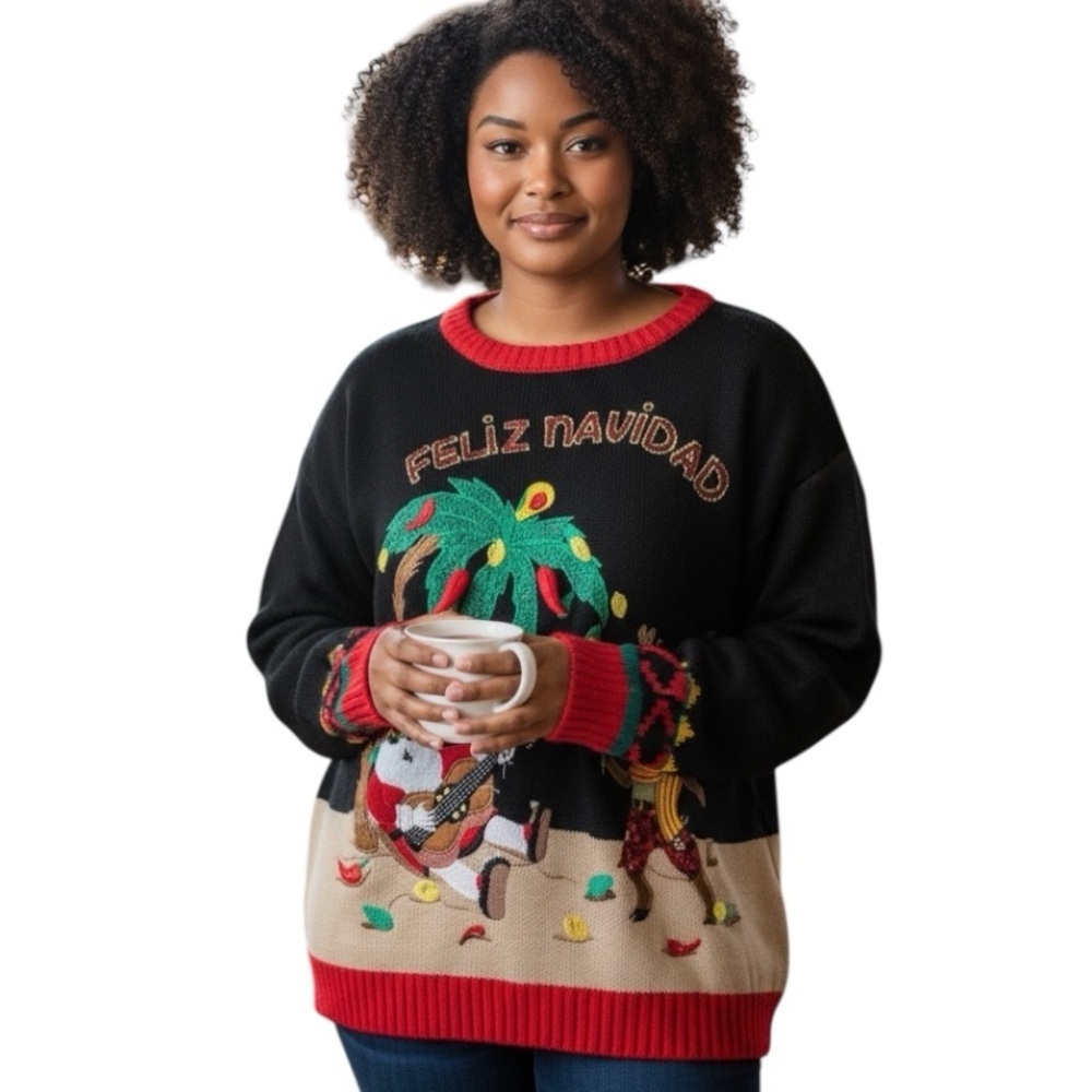 Holiday Time 1X Feliz Navidad Ugly Christmas Sweater Peppers Funny